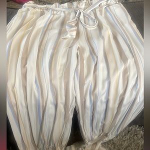 Striped wide leg pants with tie belt